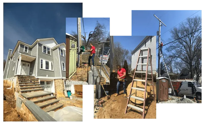 A collage of three pictures of a house under construction.