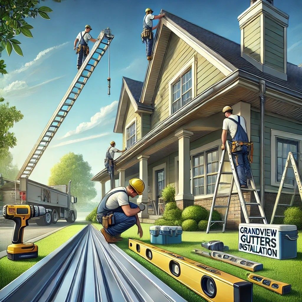 A group of men are working on the roof of a house installation gutters.