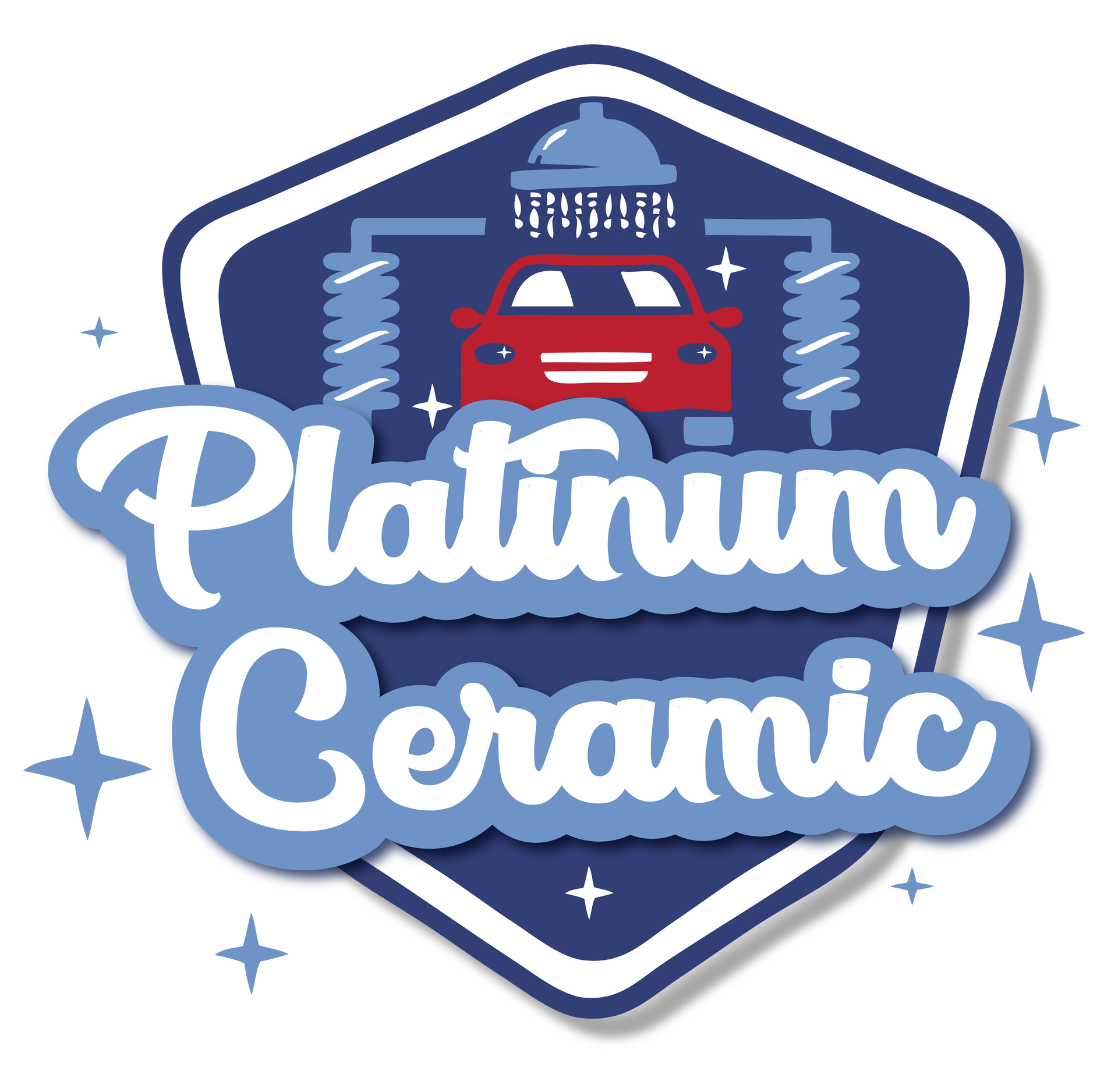 A logo for platinum ceramic with a car on it