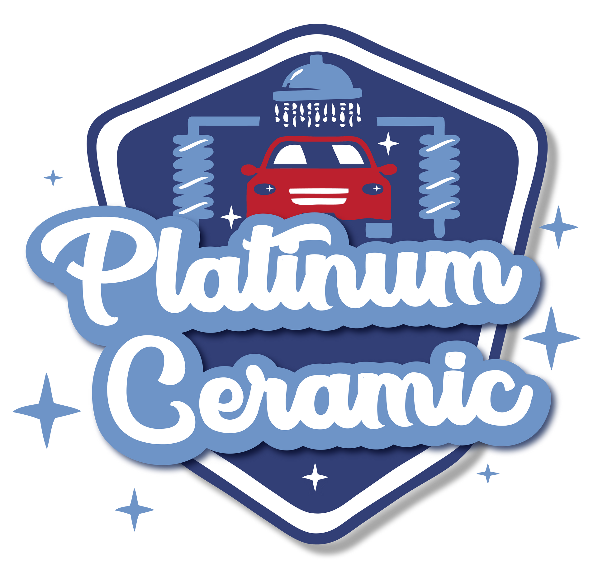 A logo for platinum ceramic car wash with a red car on it.