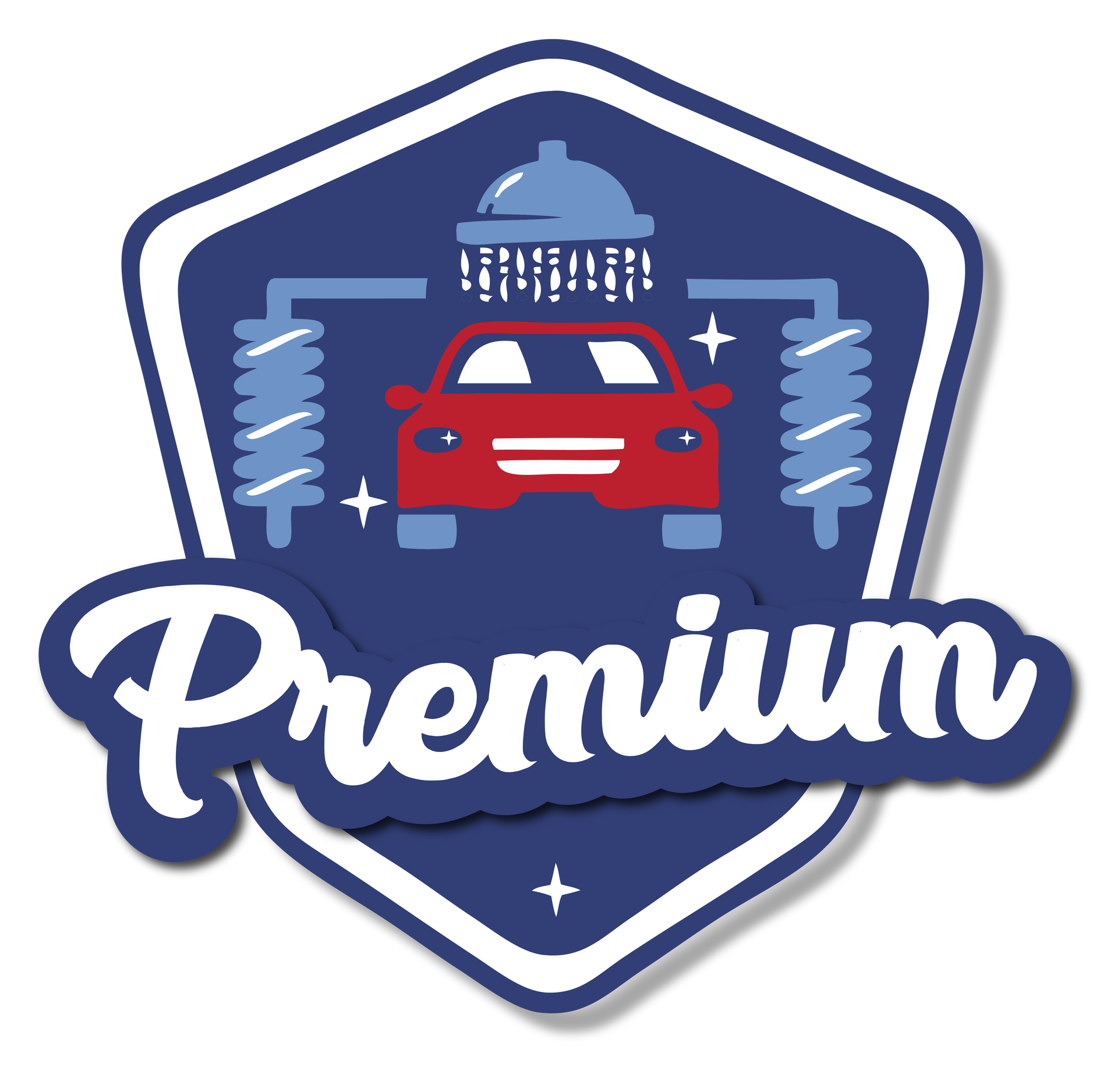 A blue shield with a red car and the word premium on it