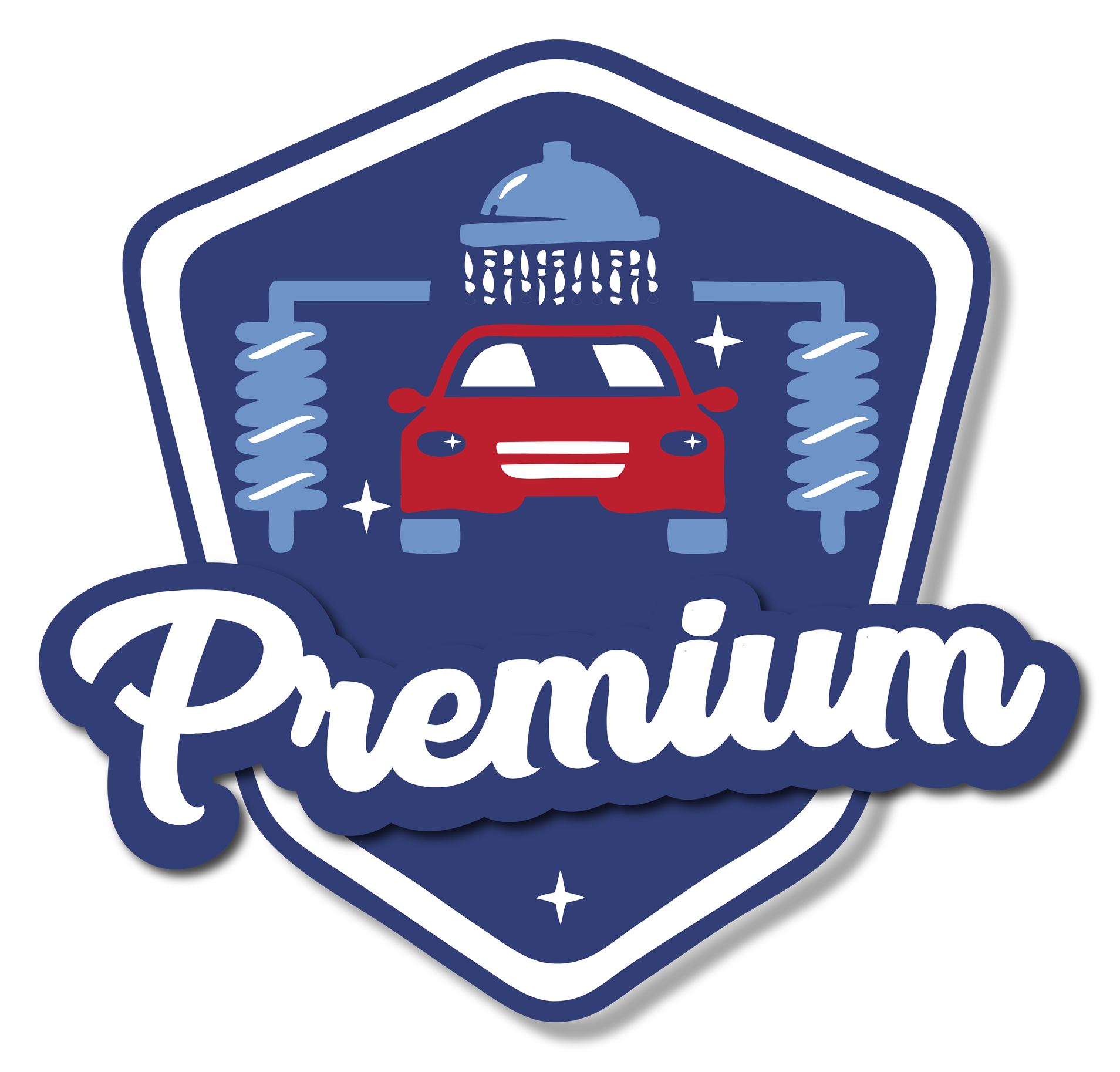 A blue and white logo for premium car wash