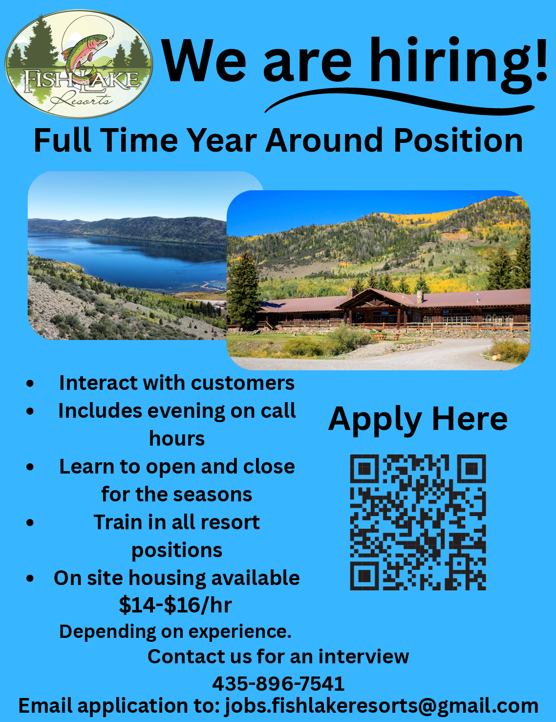 Hiring flyer for year-round full-time position, with lake photos, benefits list, QR code, and contact info. 