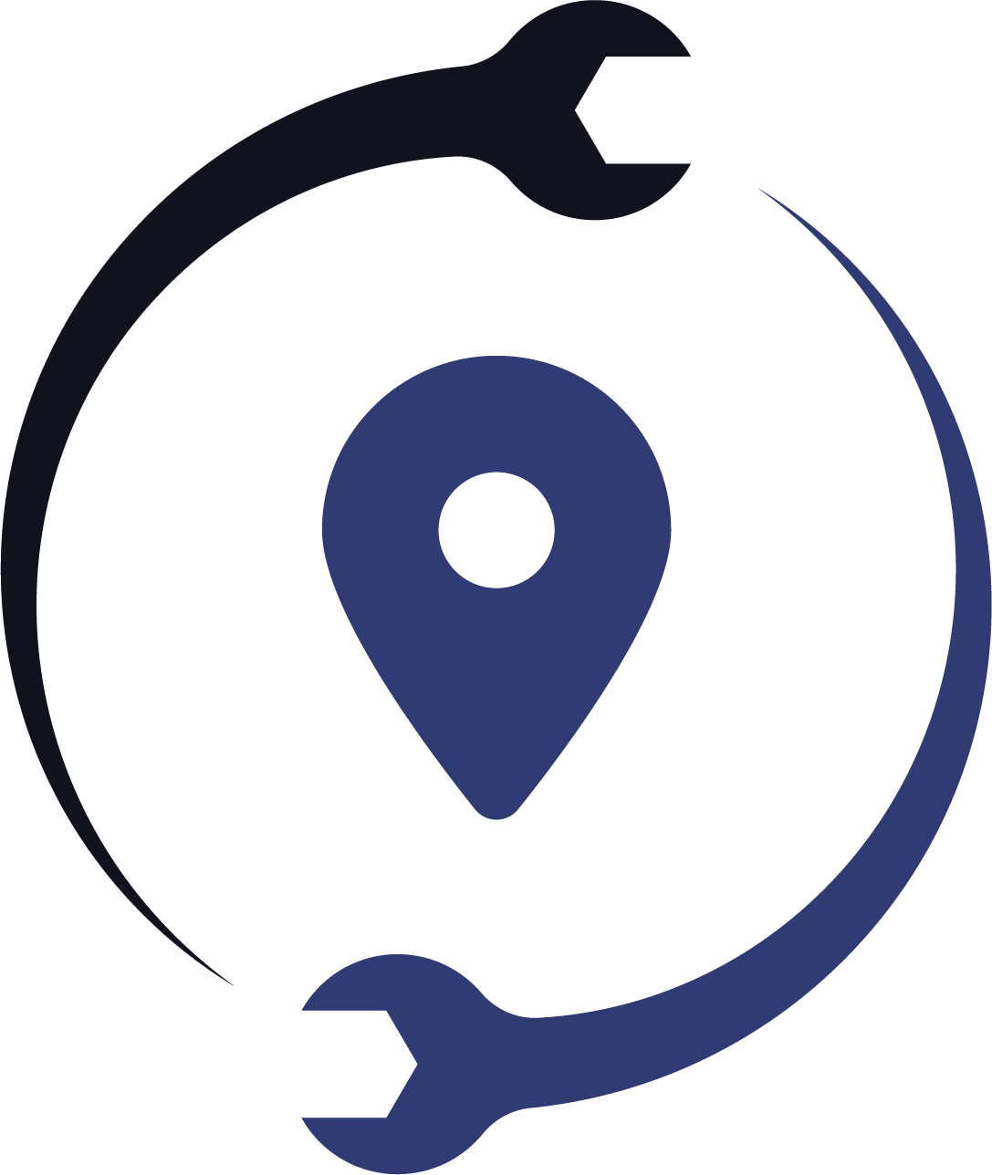 A wrench is surrounded by a map pin and a circle.