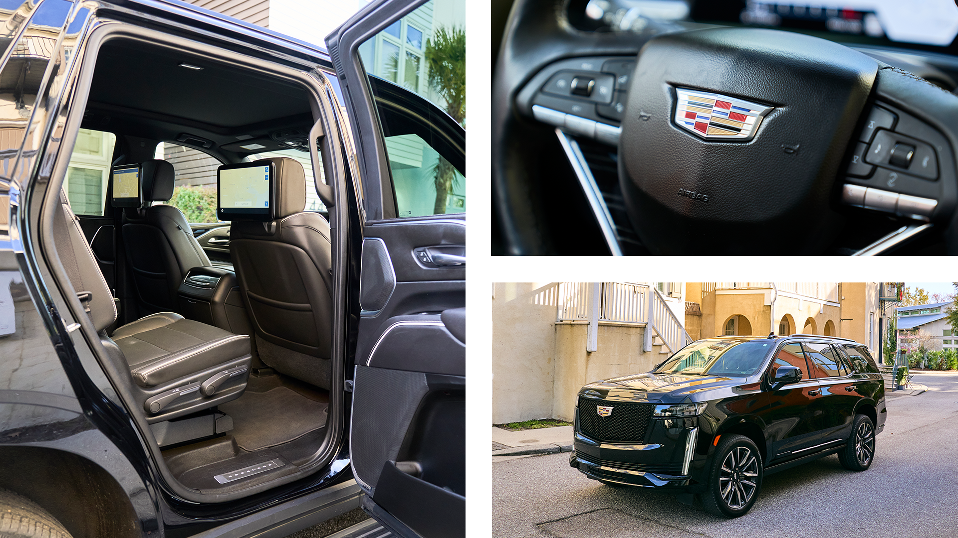 A collage of three photos of a black cadillac escalade.