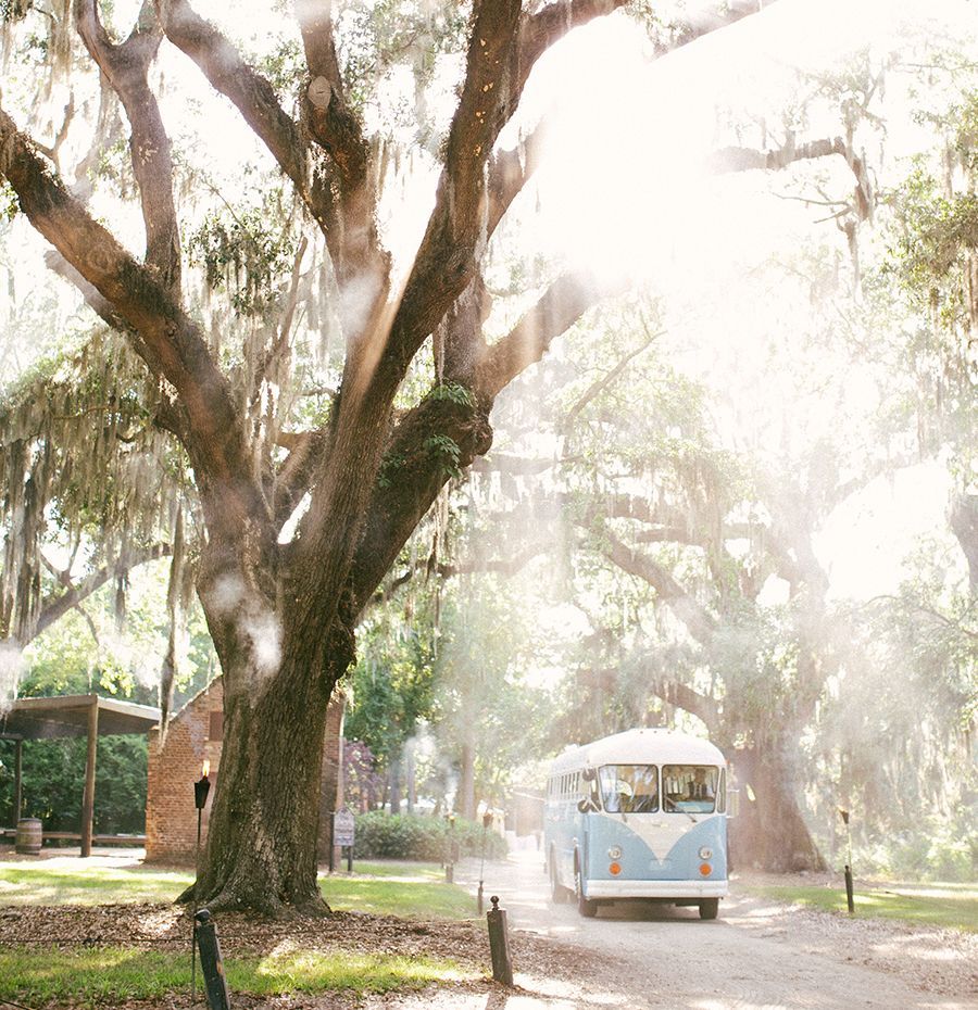 A blue and white bus is driving down a dirt road