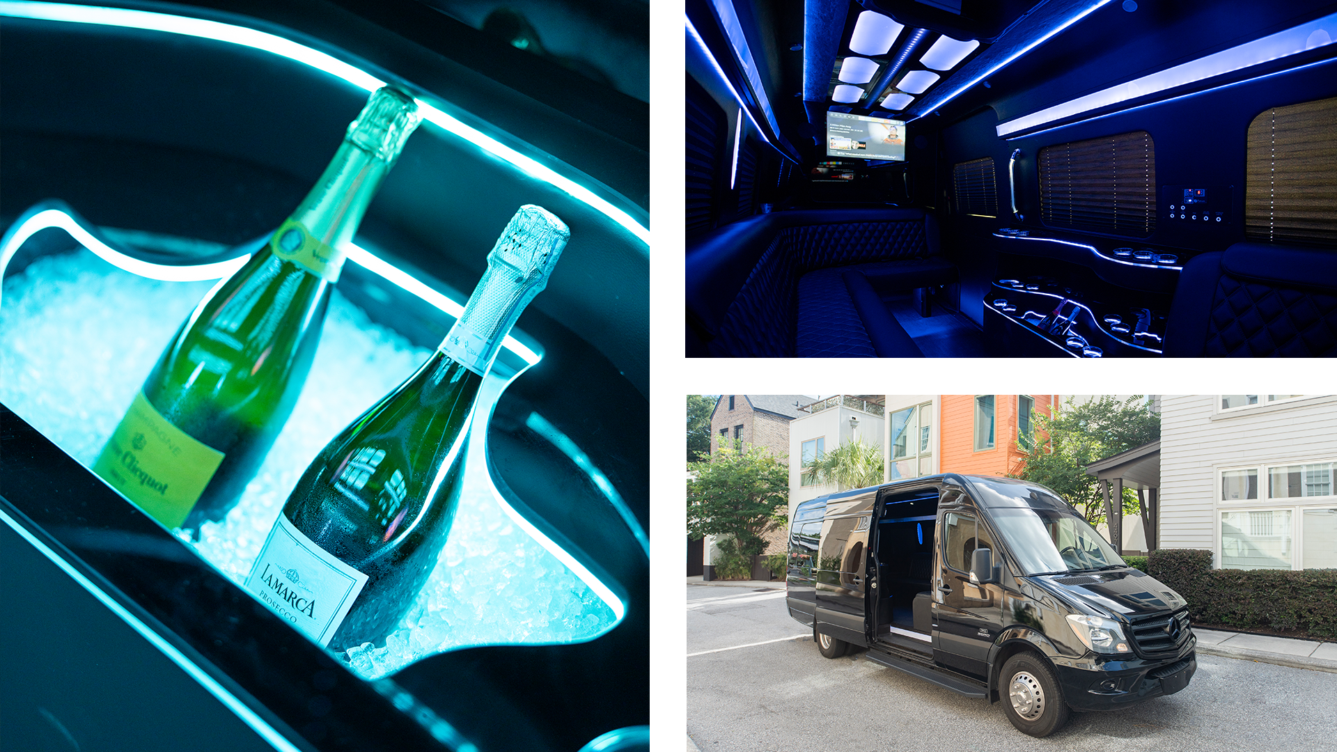 A bottle of champagne is sitting in a cooler next to a van.