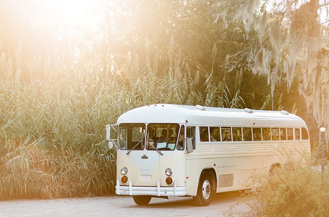 A white bus is parked on the side of a road.