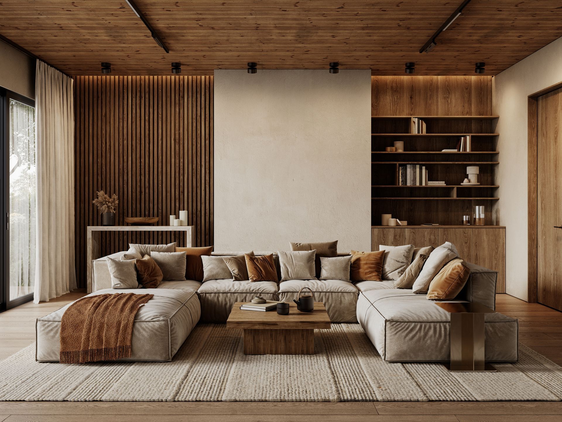 View of a modern and fully furnished living room of a house with sofas and table.