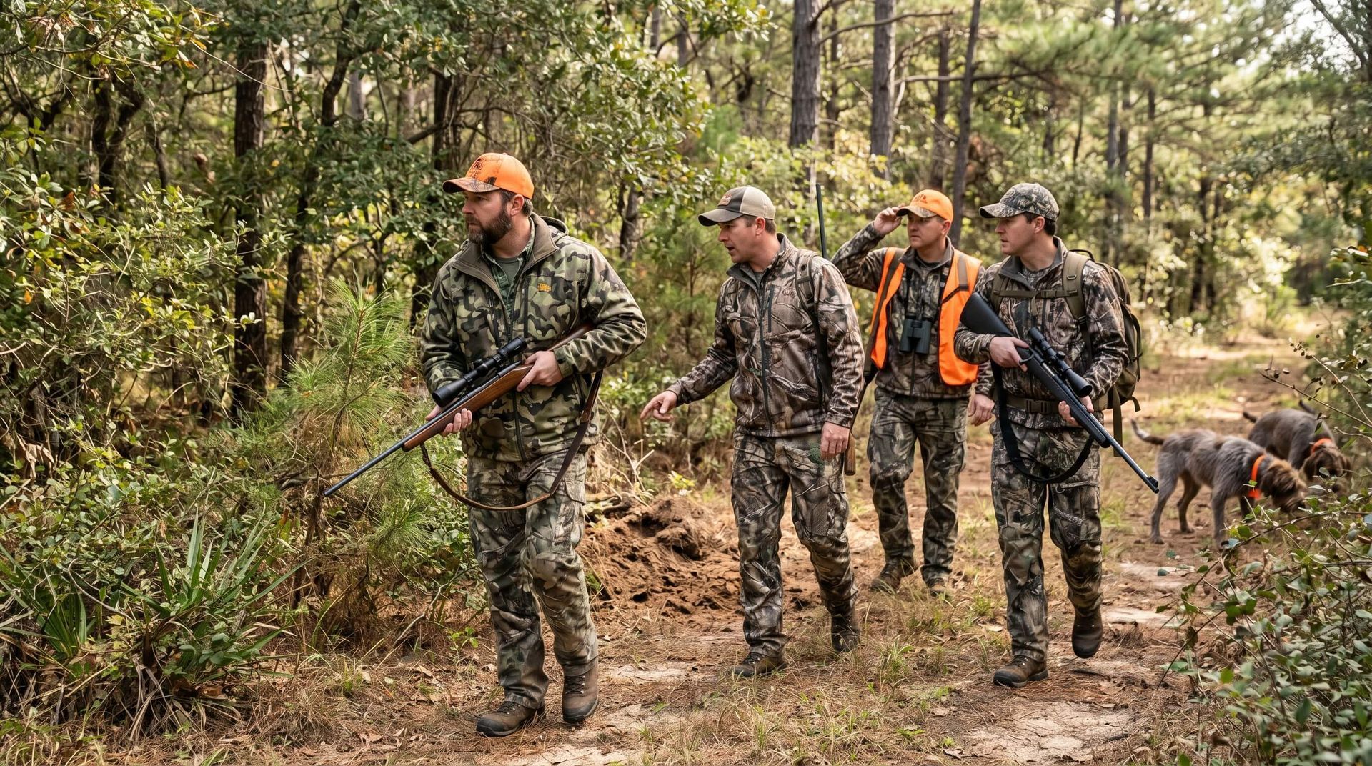 Group of male hog hunters hunting during the day