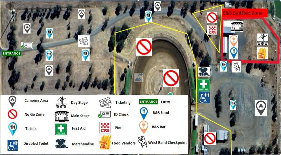An aerial view of a campground with lots of signs