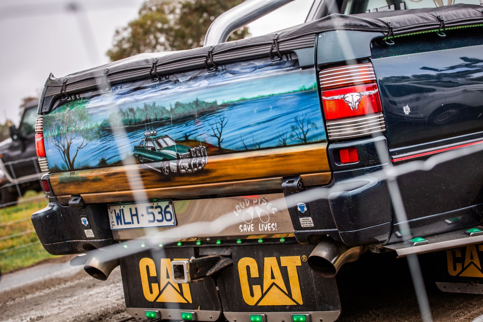 A black truck with a cat logo on the back