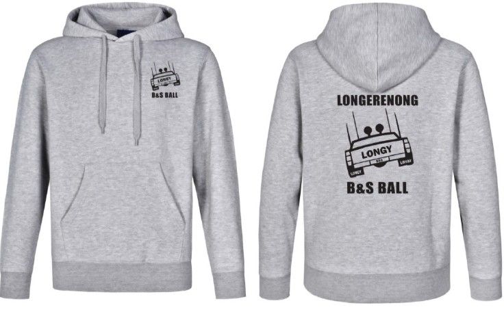 The front and back of a grey hoodie that says longerenong b & s ball