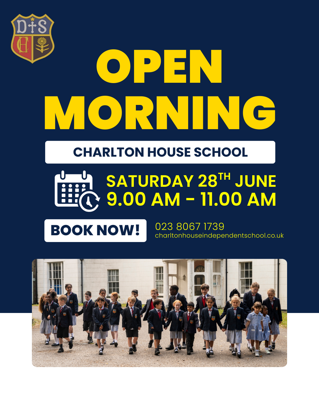 A poster for charlton house school says open morning on saturday june 28th