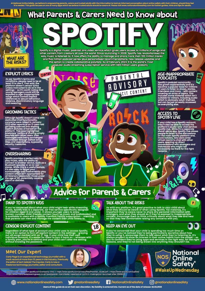 A poster explaining what parents and caregivers need to know about spotify.