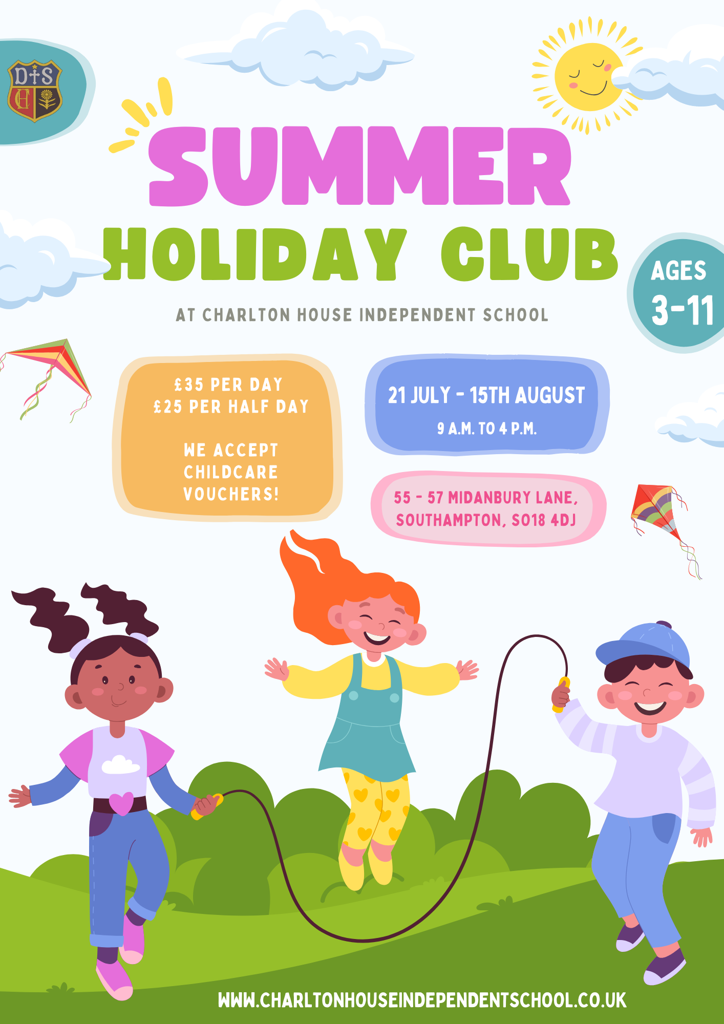 A poster for a summer holiday club for children ages 3 to 11.