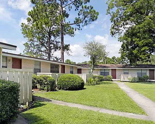 A row of houses with a white picket fence and a lush green lawn.
