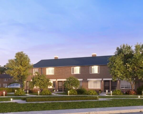 An artist 's impression of a brick house with trees in front of it