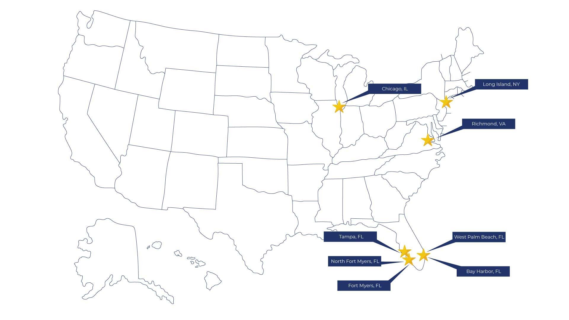 A map of the united states with states and cities.