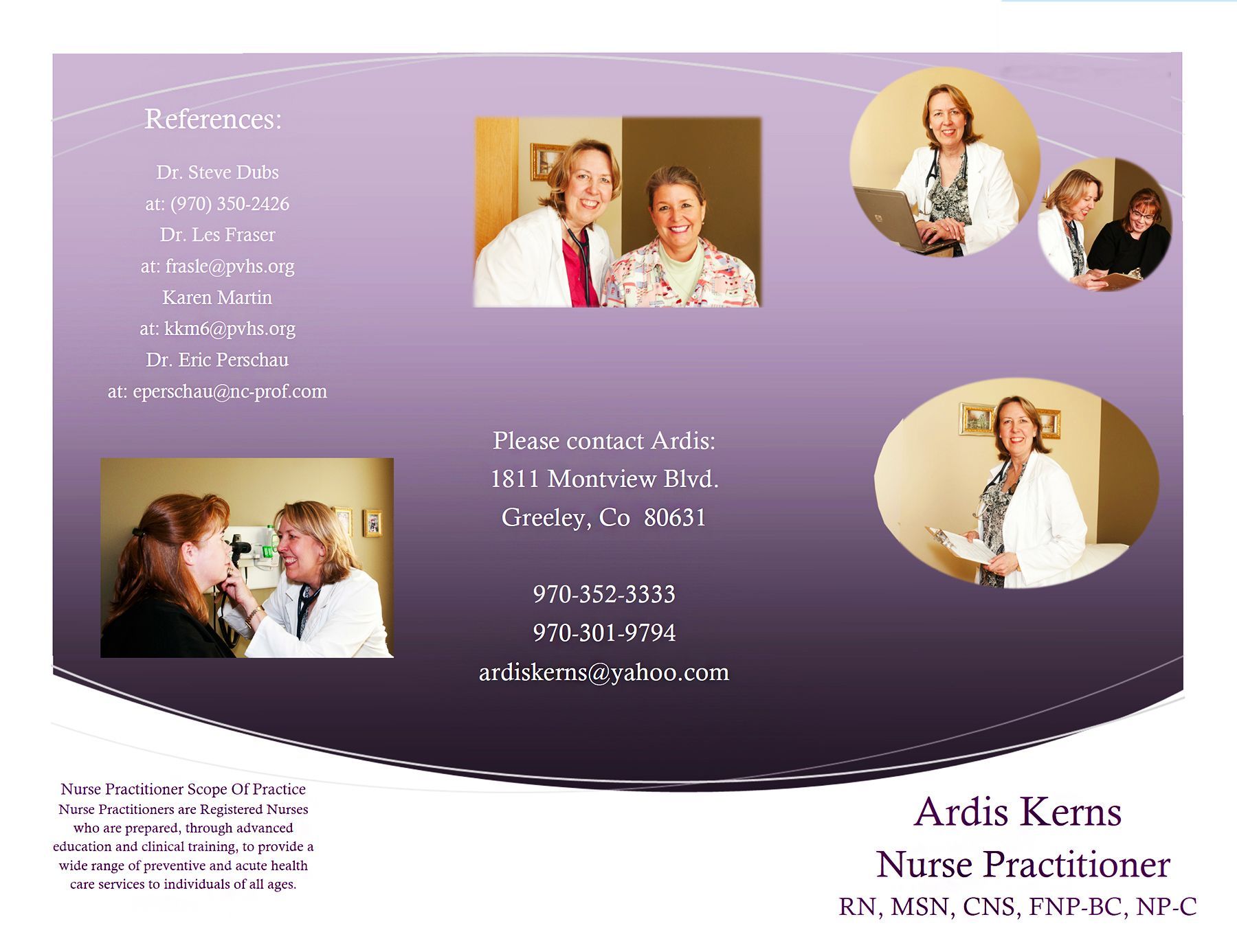 A flyer for ardis kerns nurse practitioner