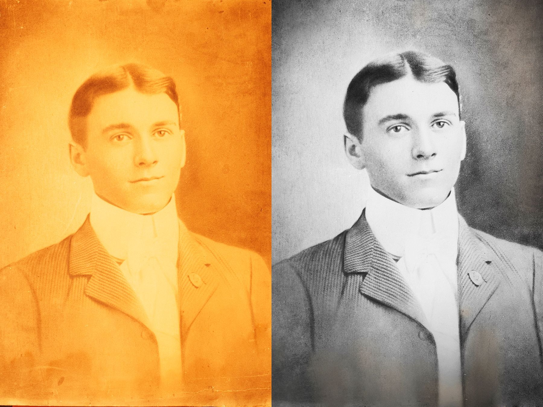 A black and white photo of a man in a suit