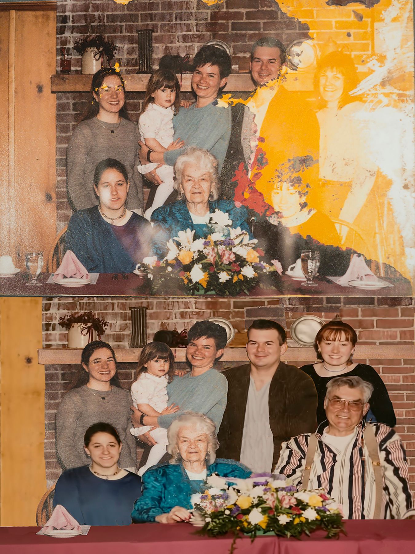 A group of people are posing for a picture in front of a fireplace