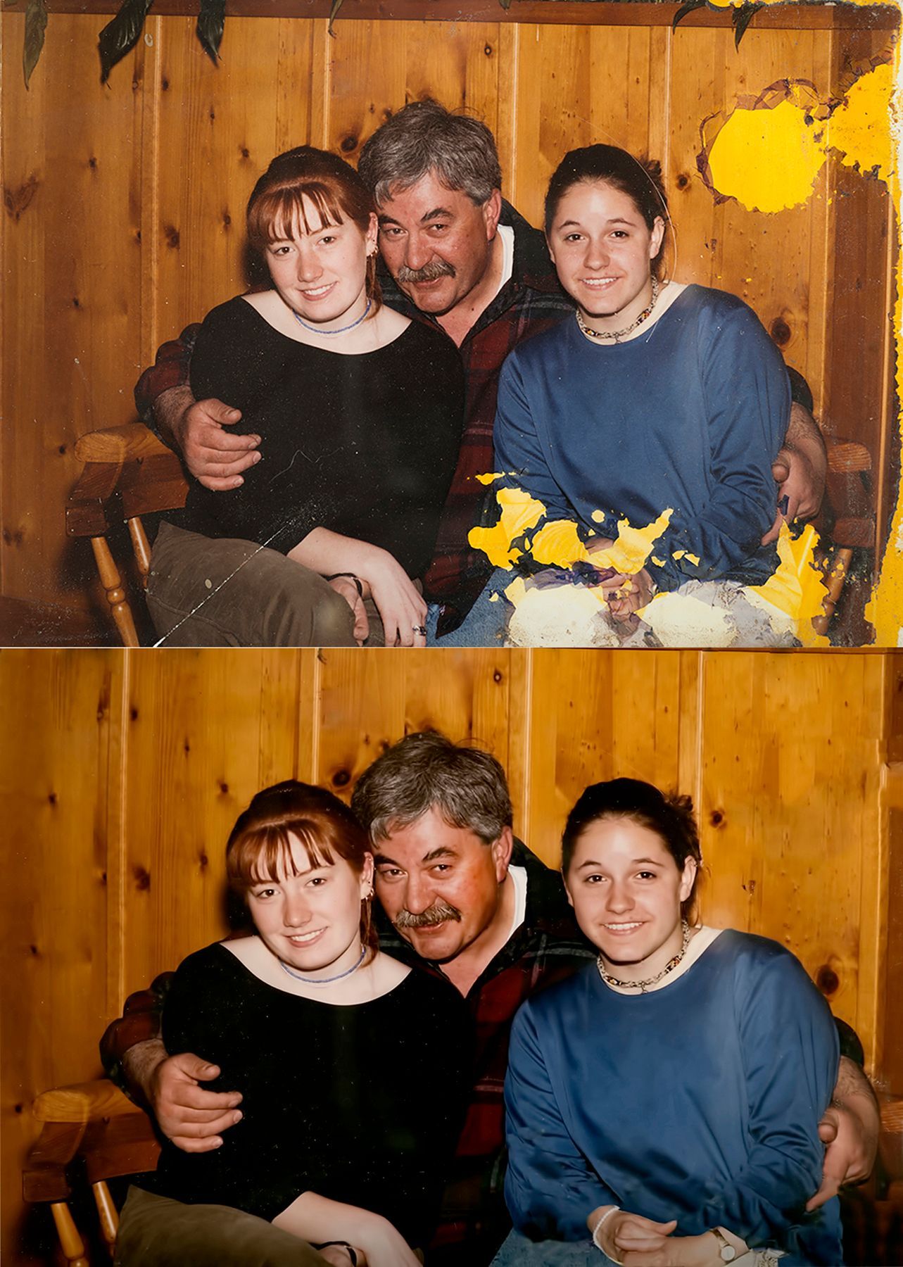 A couple of pictures of a family with a wooden wall behind them