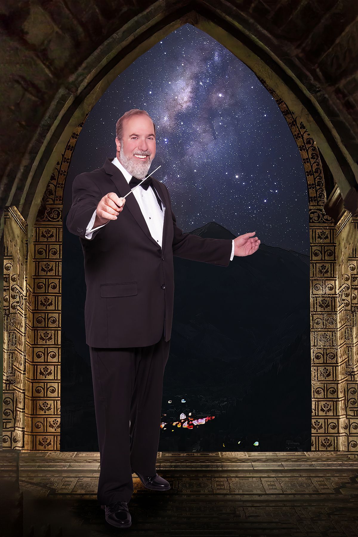 A man in a tuxedo is holding a wand in front of a window.