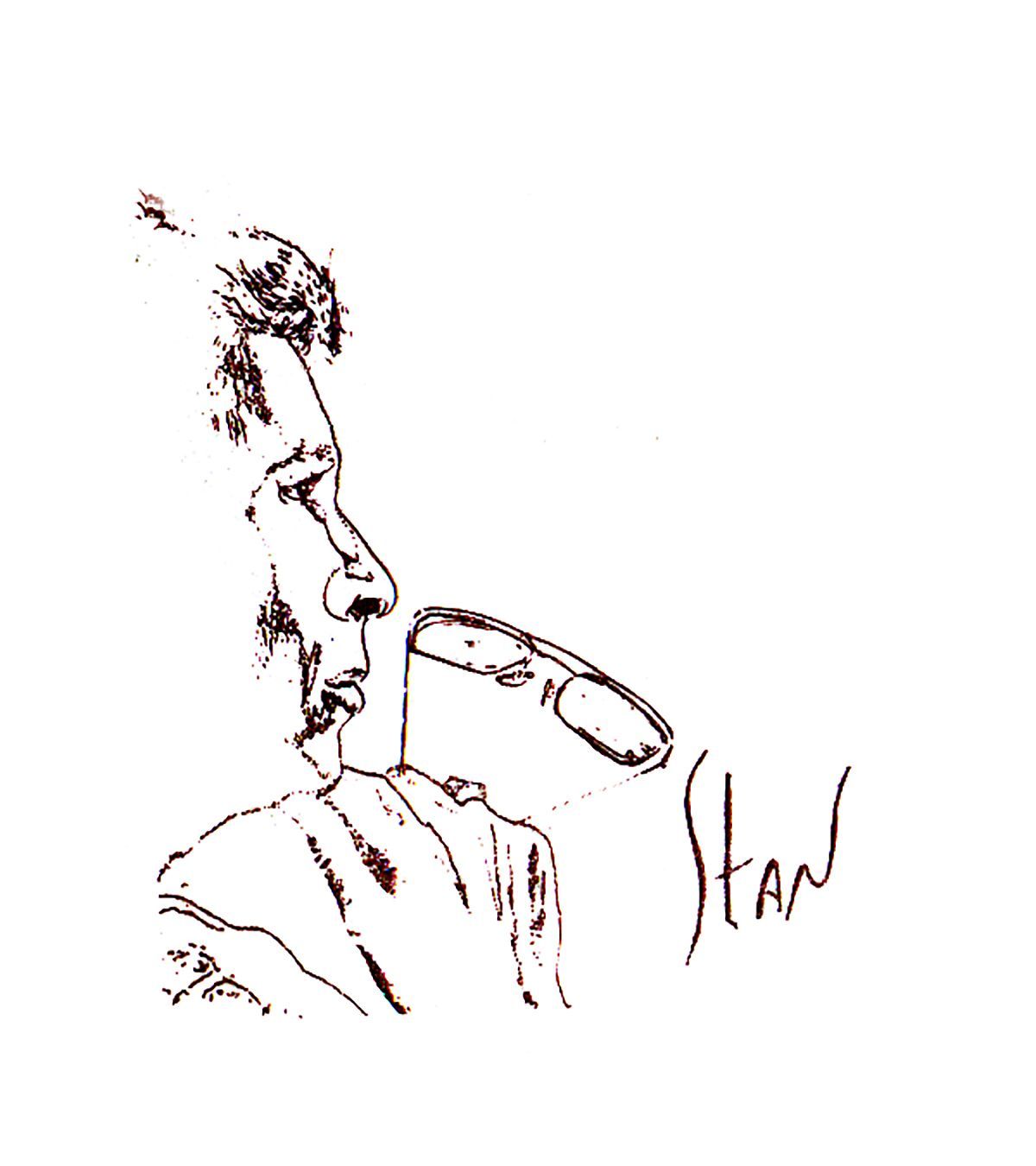 A black and white drawing of a man with glasses and the name stan on the bottom