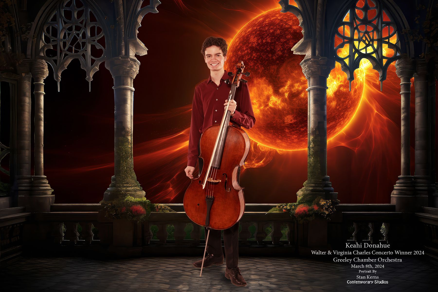 A man is standing in front of a window holding a cello.