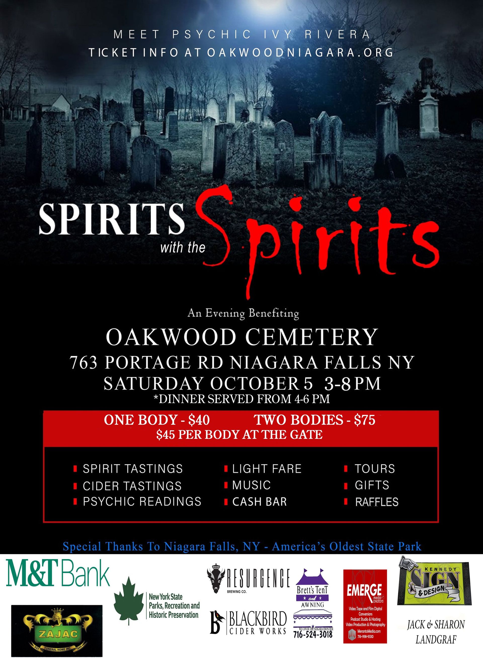 A poster for spirits at oakwood cemetery