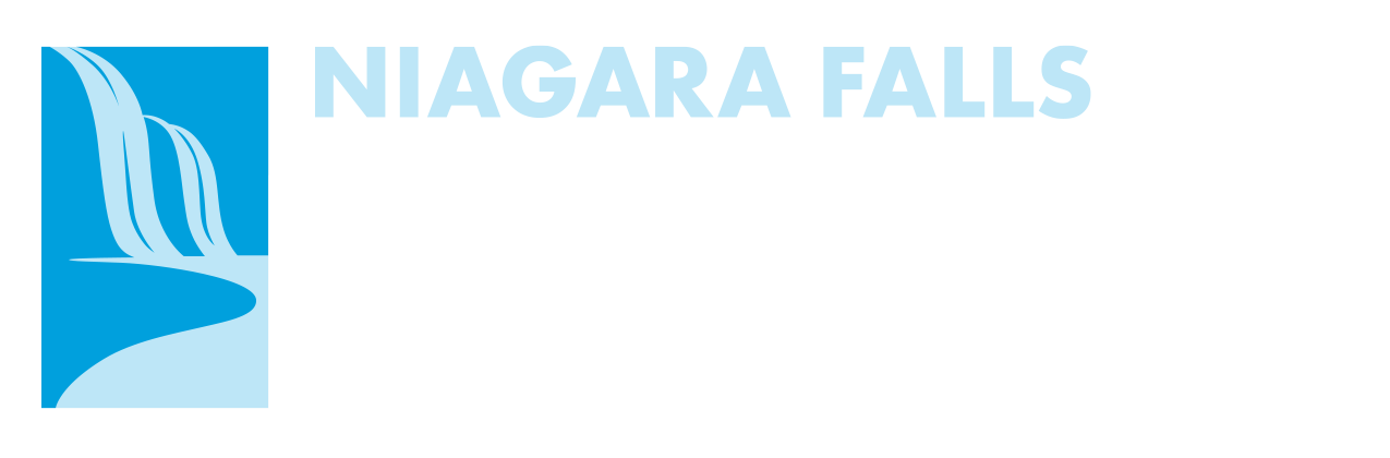 The niagara falls logo is blue and white with a waterfall in the middle.