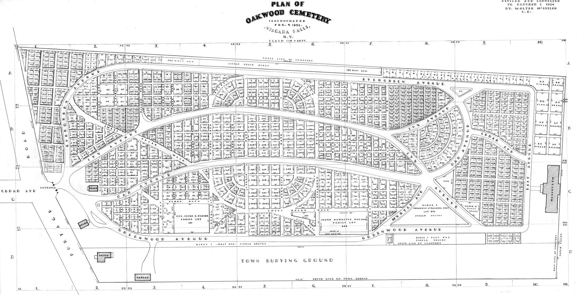 A black and white map of a cemetery