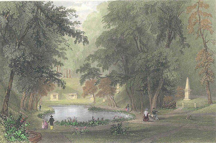 A painting of a park with trees and a pond.