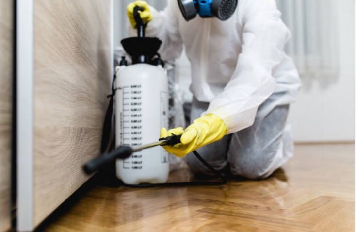 Un uomo con una tuta protettiva sta spruzzando una stanza con uno spruzzatore.