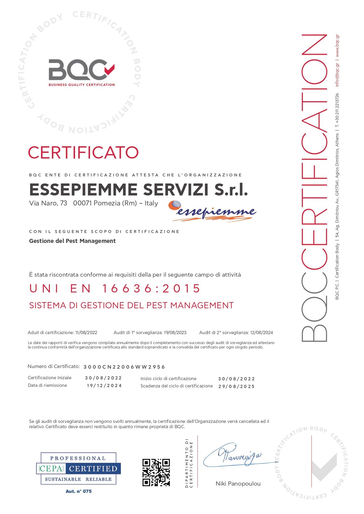 Un certificato per essepiemme servizi srl è mostrato su uno sfondo bianco.
