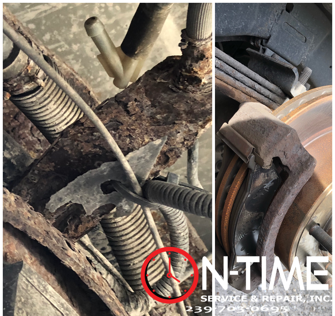 A picture of a rusty piece of metal next to a picture of a brake caliper.