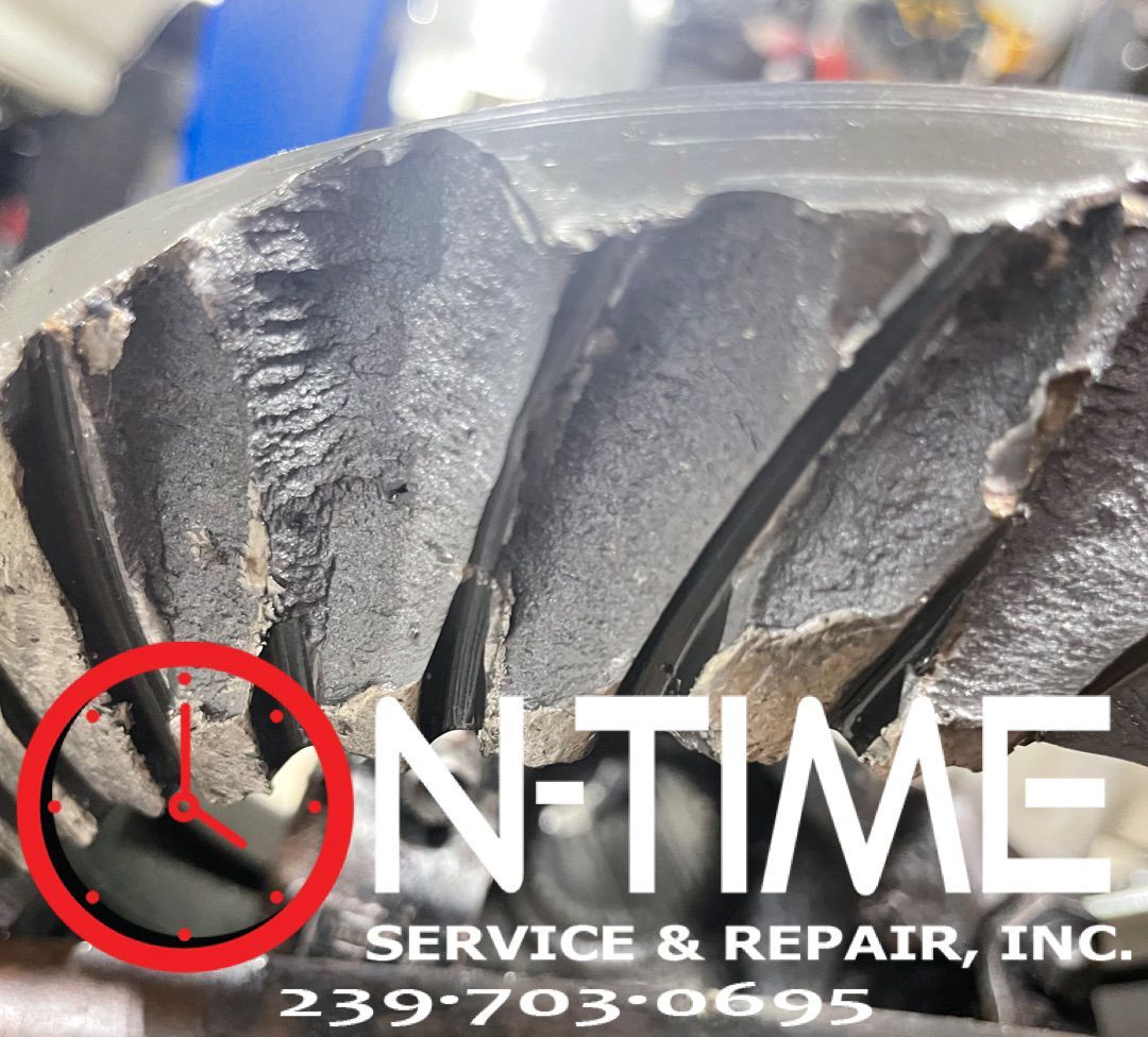 A close up of a tire that says on time service & repair inc.