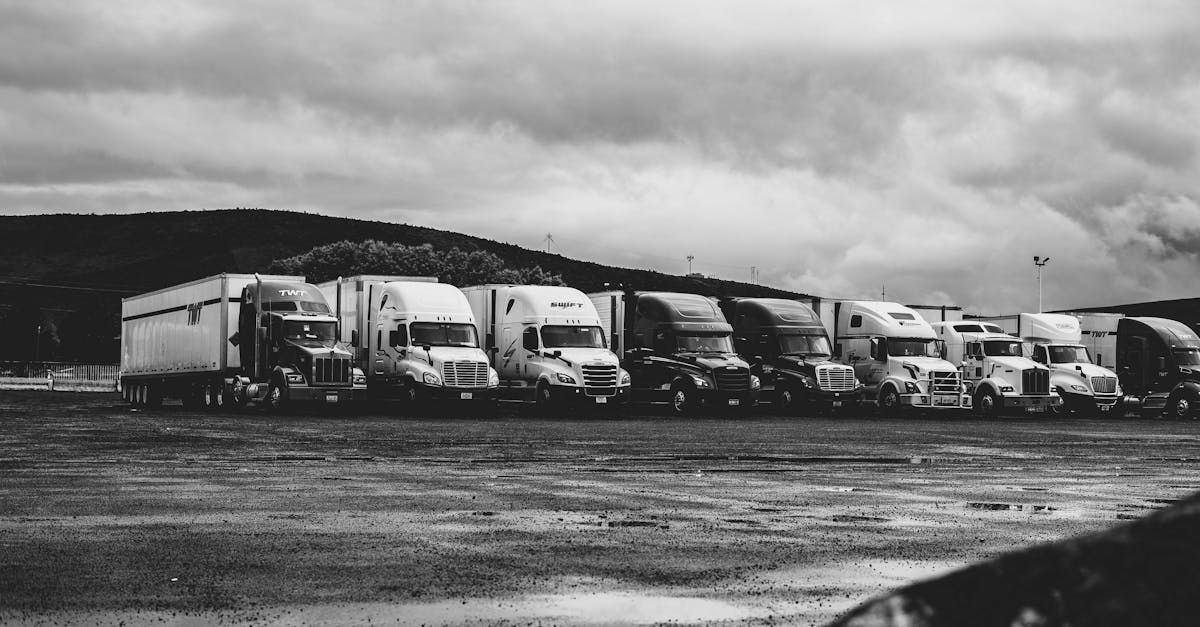 A black and white photo of a row of semi trucks parked in a parking lot.