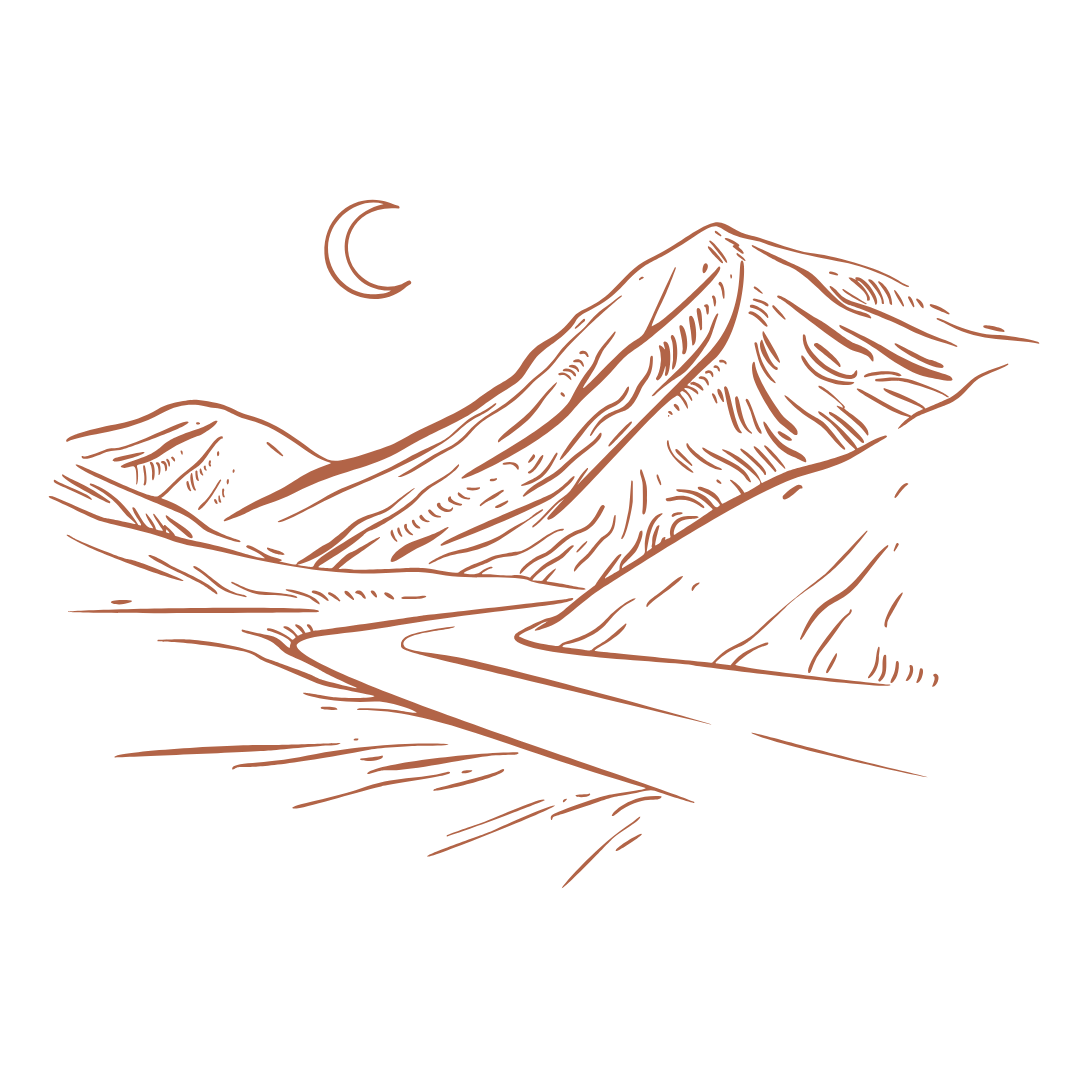 A drawing of a mountain with a crescent moon in the background.