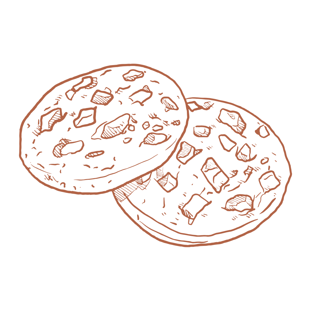 A drawing of two chocolate chip cookies on a white background.