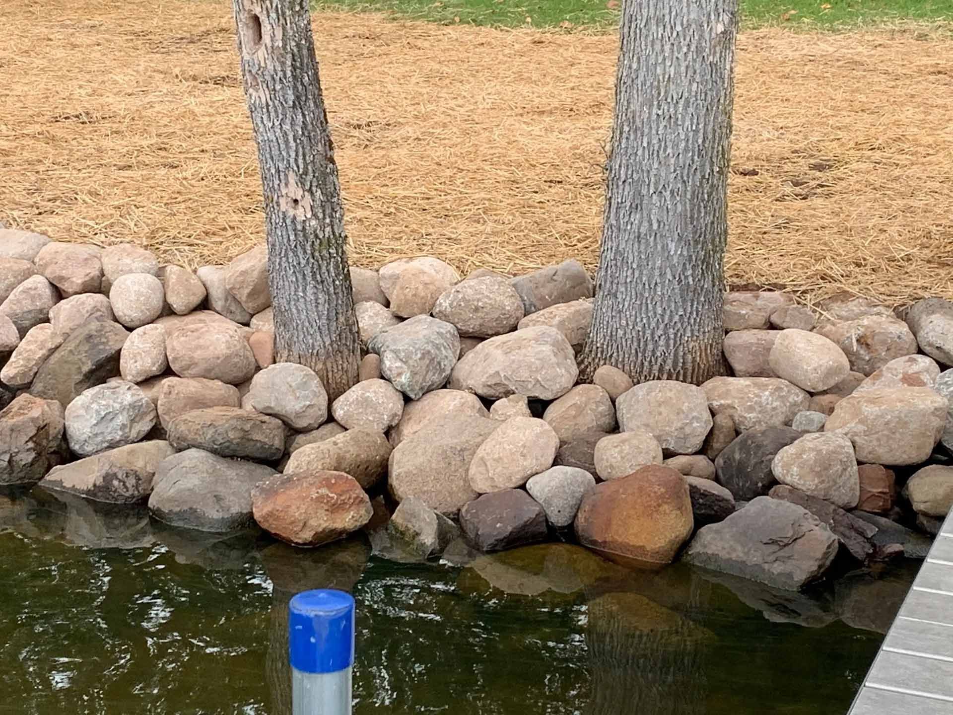 Rocks border the water, trees in the middle, and brown mulch in the background