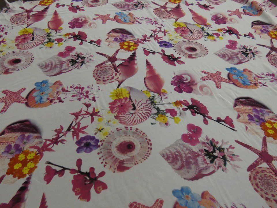 summer fabric with flowers and shells prints