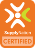 An orange supplynation certified logo with a green arrow