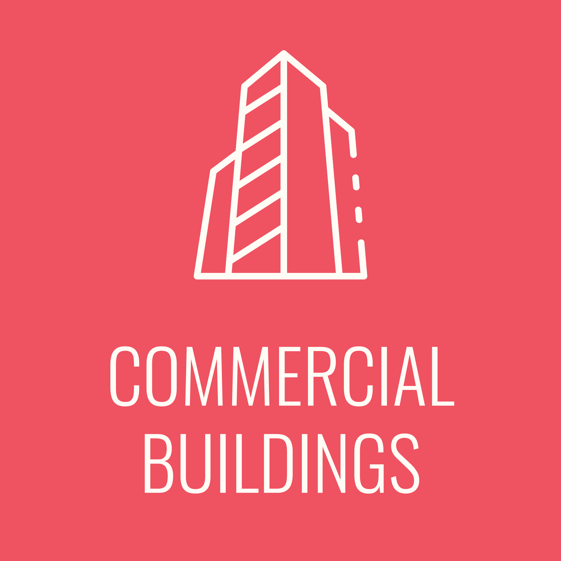 A red background with a white icon of a building and the words commercial buildings.
