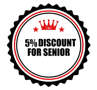 A red and black serrated circular badge with a crown icon and the text 