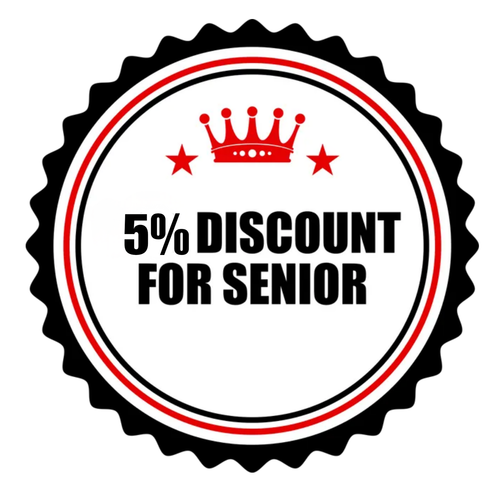 A red and black serrated circular badge with a crown icon and the text 