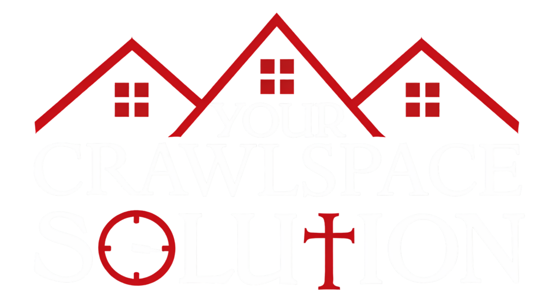 A red line-art logo showing three house outlines with windows, positioned above the letters 
