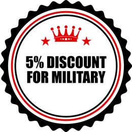 Black and red circular badge featuring a crown and two stars, text reads: 5% DISCOUNT FOR MILITARY.
