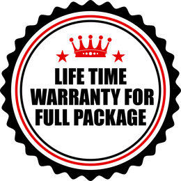 A circular black and red badge with a crown, stars, and the text 